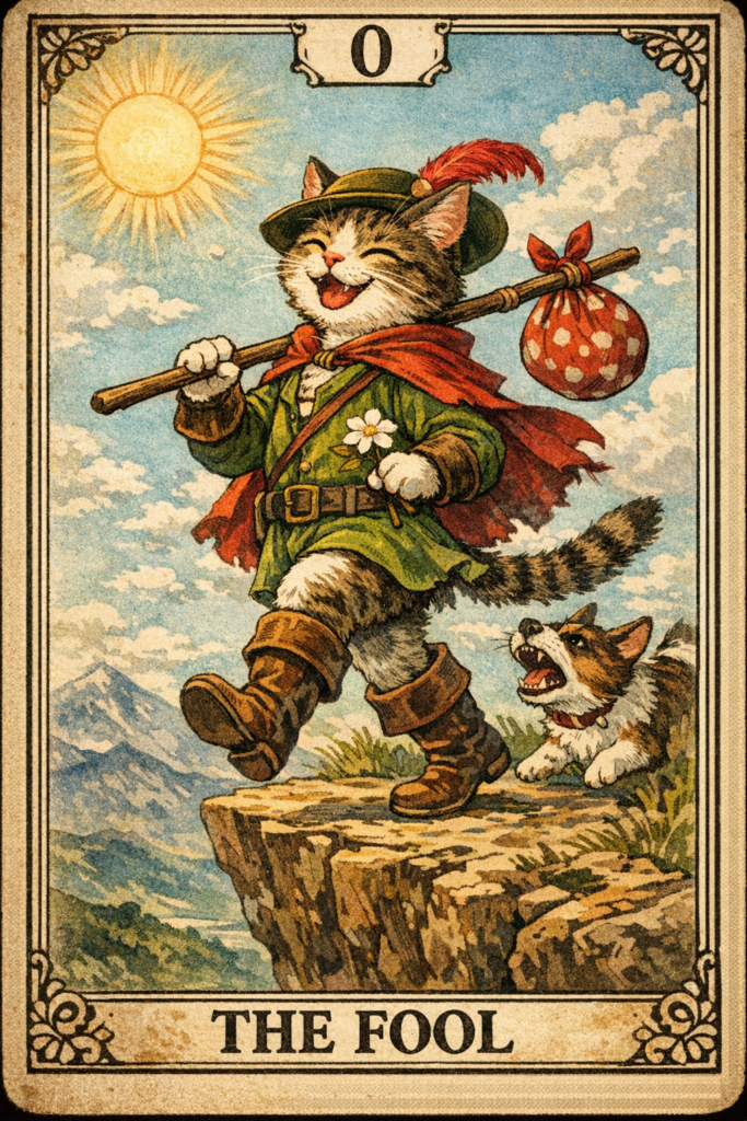 副業猫タロット0 愚者｜BADバージョン
長靴を履いた若い旅猫が小さな荷物を棒の先に結わえて持ち、意気揚々と歩き始めている。手には一輪の白い野花、青空に、白い雲。明るい太陽が旅猫の行く先を祝福して希望に満ちているようだが、彼の足元は崖。傍らで犬が一心に吠えて危険を知らせようとしているが、彼はまだ気がつかない。ちゃんと前を見て歩けワン！