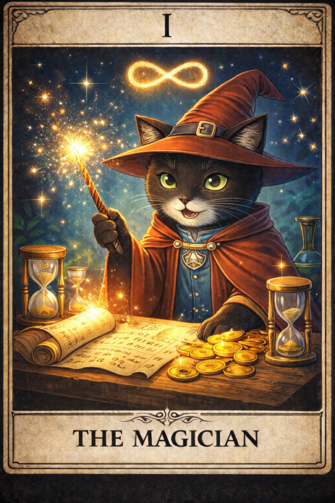  副業猫タロットⅠ 魔術師｜GOODバージョン
光る杖を掲げ、沢山の金貨を操るように輝かせている猫。彼の頭上には光り輝く無限のシンボルと星の輝き。