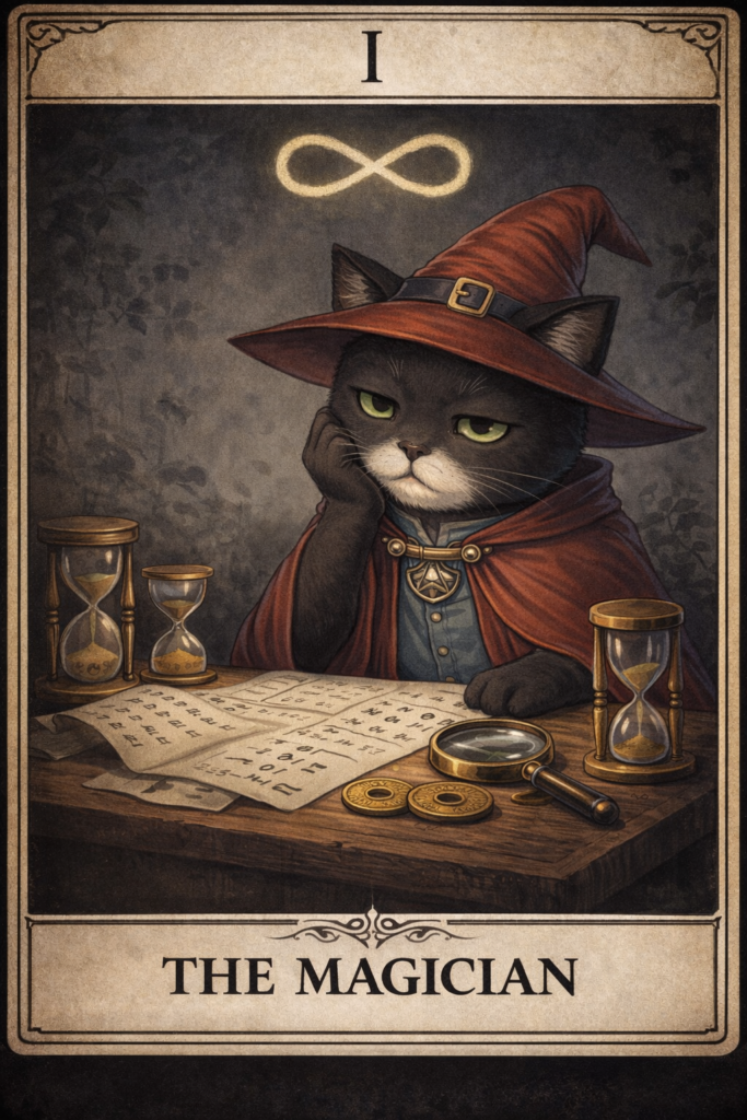 副業猫タロットⅠ 魔術師｜BADバージョン
数枚の金貨と沢山の砂時計の前で頬杖をつき、疲れた表情をしている猫。頭上の無限シンボルの輝きは無い。