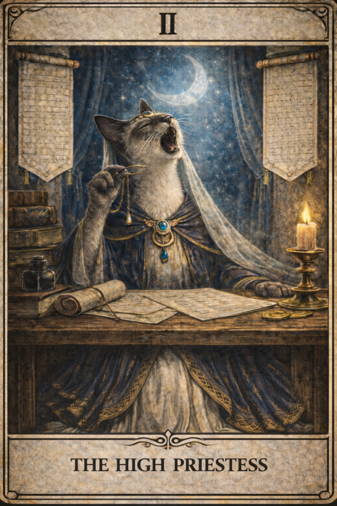 副業猫タロットⅡ 女教皇｜BADバージョン
月夜の下、書類を見上げてあくびをする疲れた表情をしているシャム猫。