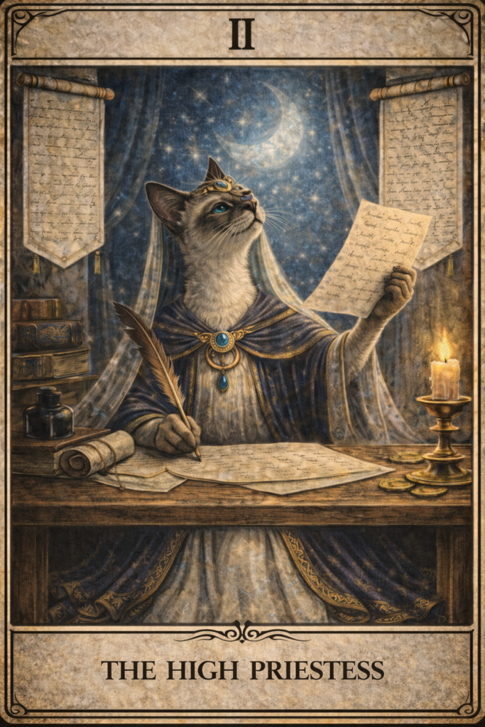  副業猫タロットⅡ 女教皇｜GOODバージョン
月夜の下、書類を掲げて静かに意味を読み取っているシャム猫。彼女の澄んだ青い瞳は物事を理知的に見通す。