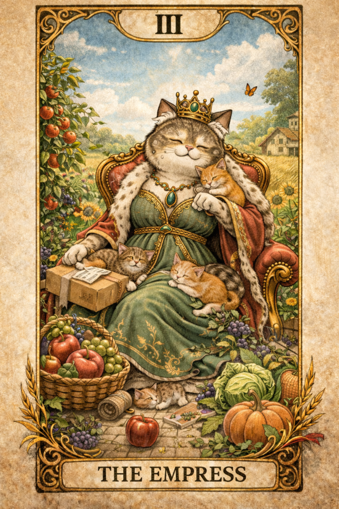 副業猫タロットⅢ 女帝｜GOODバージョン
果実と子猫に囲まれ、穏やかな表情で玉座に座る猫。実りと母の愛に包まれ子猫たちも幸せそう。