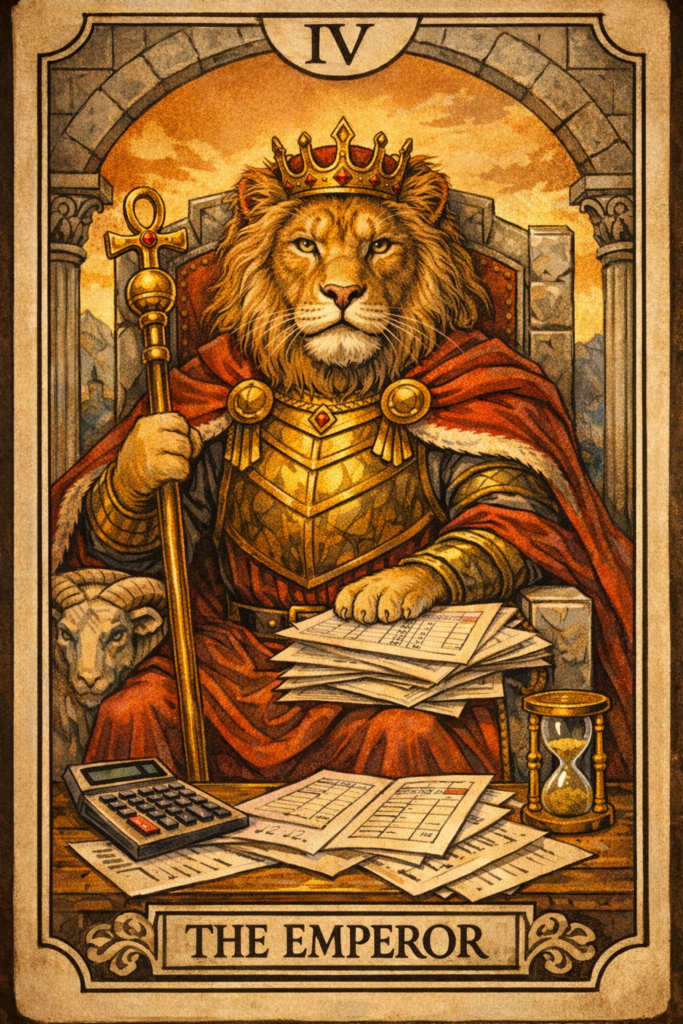 副業猫タロットⅣ |GOODバージョン
石の玉座にどっしりと座り、王笏を持つ威厳あるライオンの姿。