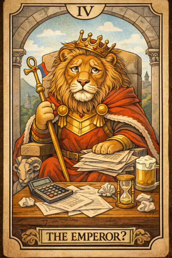 副業猫タロットⅣ |BADバージョン
皇帝王冠が少し傾き、書類や計算機の前で自信なさげに座るライオンの姿。
