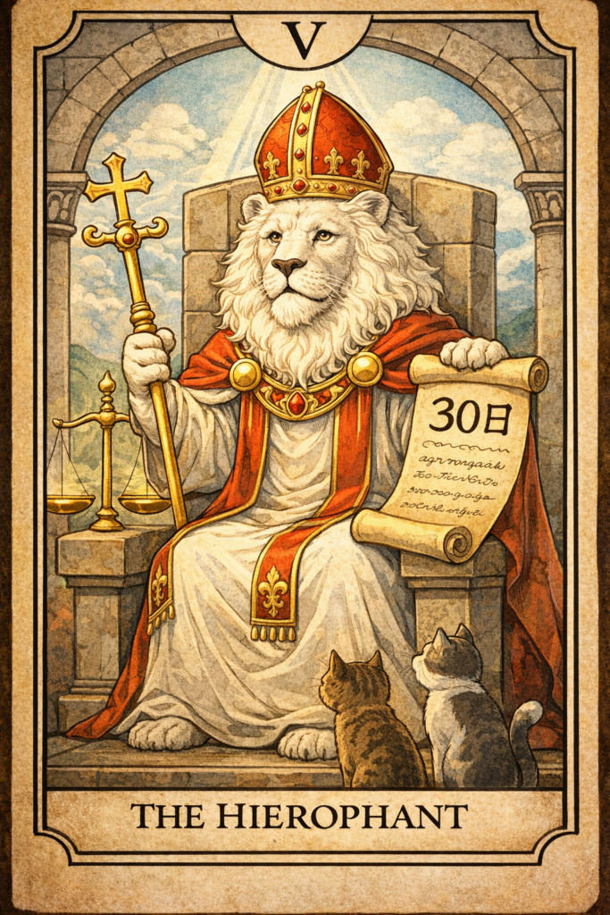 副業猫タロット Ⅴ法王｜GOODバージョン
石の玉座に座り、30日と書かれた巻物を掲げる白いライオンの姿。傍らの天秤はどちらにも傾きを見せず、猫たちは静かに跪いている。