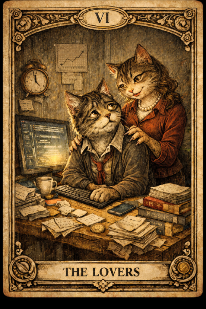 副業猫タロット 恋人|BADバージョン
暗いオフィス。1人で仕事をする疲れた様子の雄猫。雌猫が気遣う様子を見せているが、彼の肩に置かれた彼女の指からは鋭い爪が覗いている。