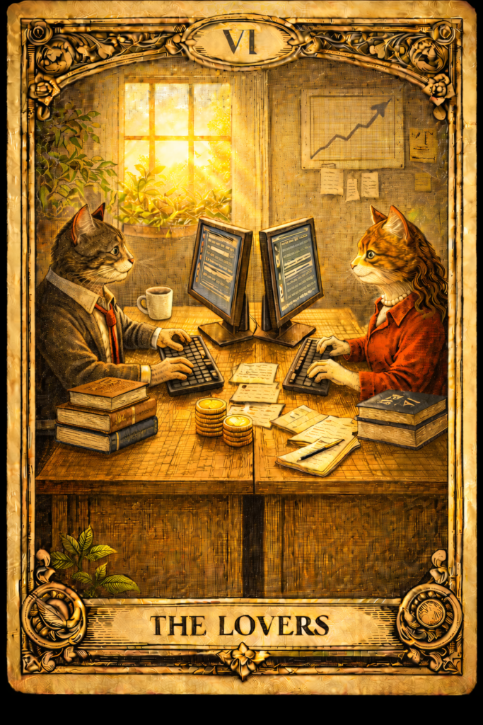 副業猫タロット 恋人|GOODバージョン
オフィスで向かい合って共に仕事をする男女の猫。窓からは美しい日の光が差し込み、窓辺の緑も美しい。それぞれの傍らには分厚い知識の本が積まれ、デスクの中央には共有資料と利益の金貨が置かれている。2匹の表情は柔らかく希望に満ちているように見える。