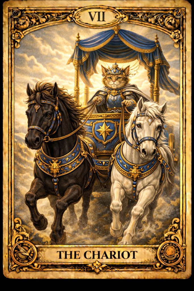 副業猫タロットⅦ 戦車｜GOODバージョン
黒馬と白馬によって戦車は力強く進む。手綱を取る猫将軍と馬たちの表情は静かな自信に満ちている。