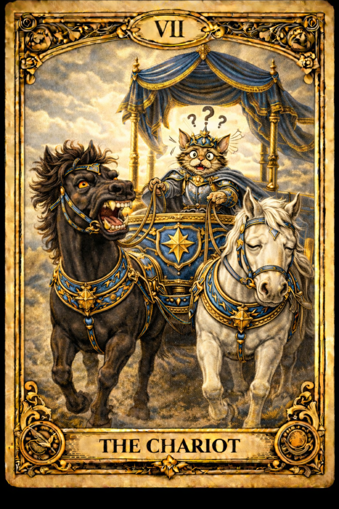 副業猫タロットⅦ 戦車｜BADバージョン
戦車を牽く黒馬は怒り狂い、手綱をとる猫将軍は扱い方が全くわからず混乱し、白馬はこの状況を諦めている。