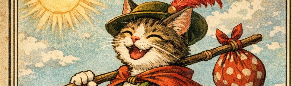 副業猫タロット 愚者。長靴を履いた猫が荷物を持ち、崖のそばで旅立とうとしている姿。