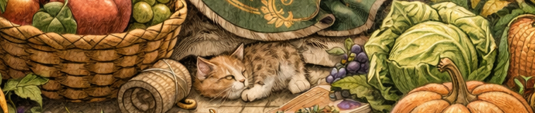 ブドウやカボチャなど沢山の実りに囲まれて眠る幸せな子猫