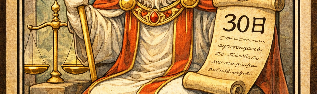 掲げられた、条件の書かれた巻物。側にある天秤はどちらにも傾いていない。
