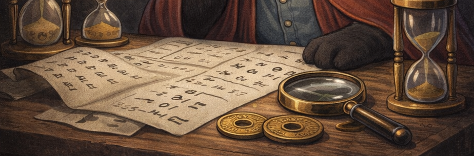 机の上にある数枚のコインと砂時計