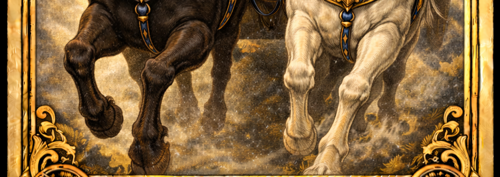 力強く大地を駈ける黒馬と白馬の脚